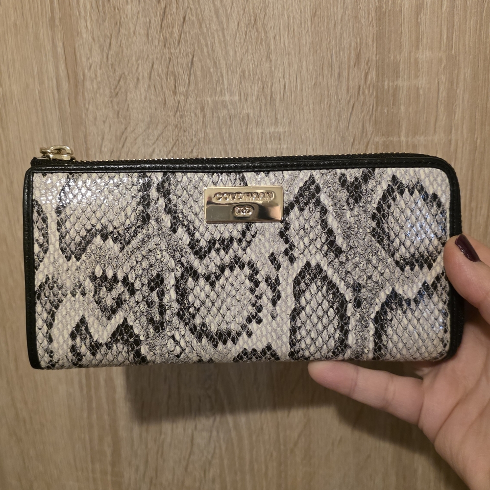 Cole Haan Black and Cream Snake-Print Zip Pouch with Gold Plate